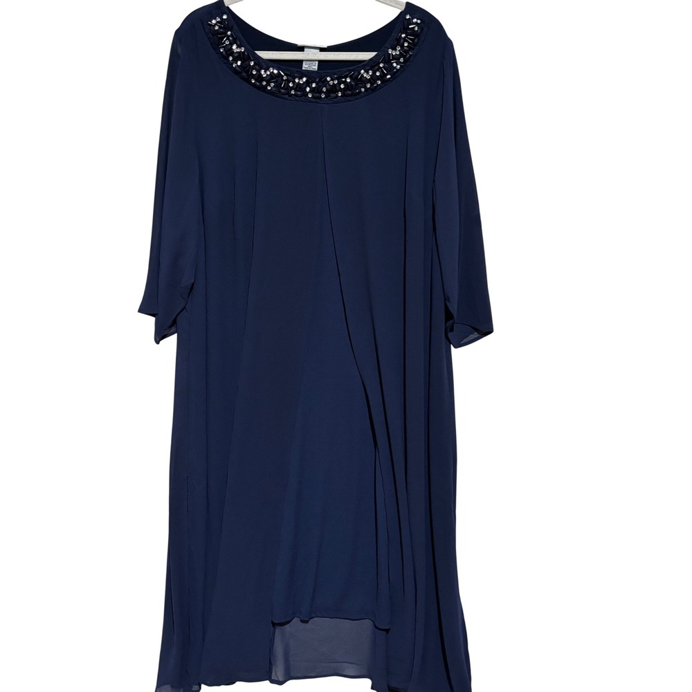 Catherines Navy Blue Beaded Neckline Chiffon Shift Dress Sz 2X formal wedding